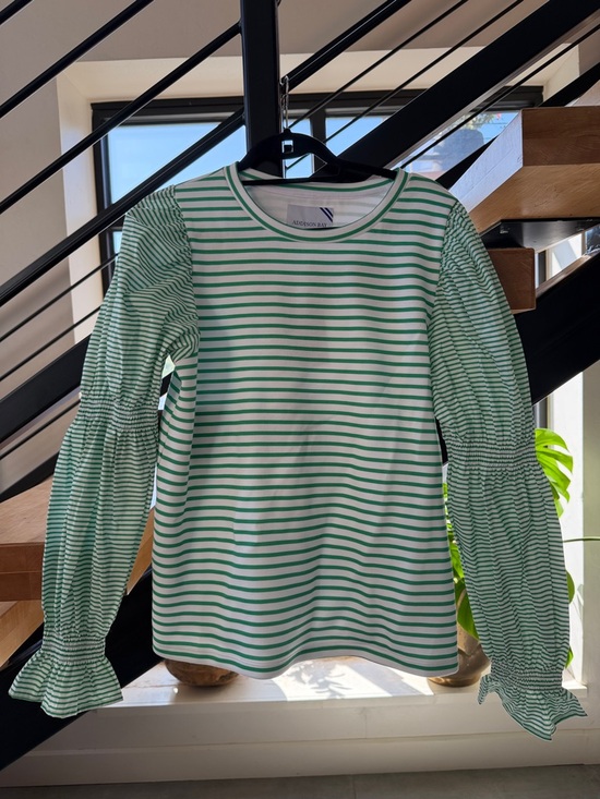 Addison Bay Tops - Addison Bay Green and White Striped Puff-Sleeve Top